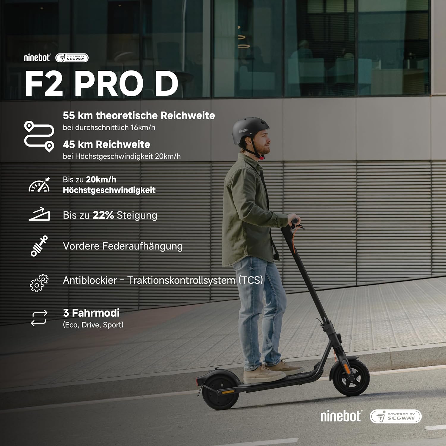 Segway-Ninebot F2 Pro D, E-Scooter mit Straßenzulassung für Erwachsene, max. 20 km/h Geschwindigkeit, 55 km Reichweite, Lange Reichweite – Bild 3