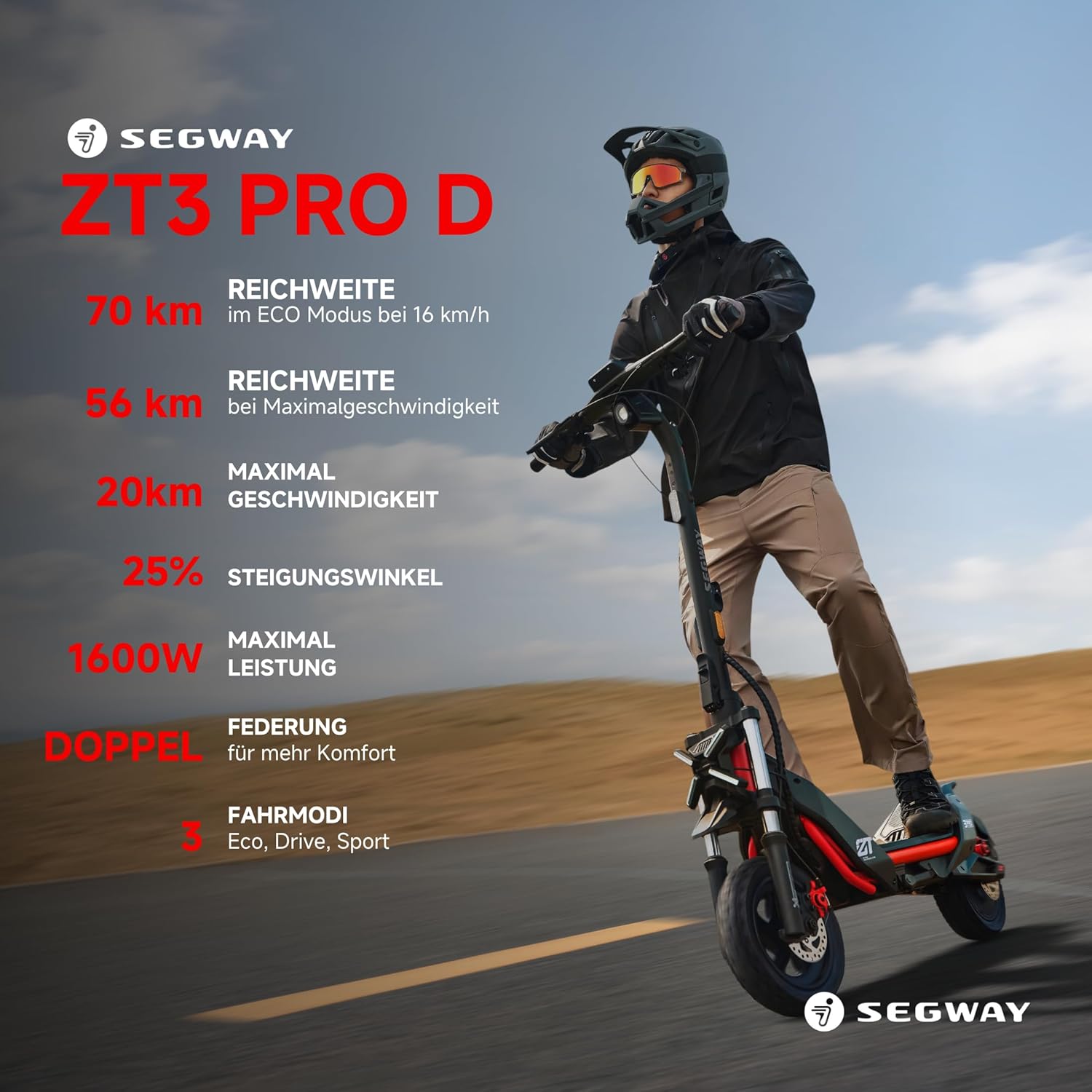 Segway ZT3 Pro D, E-Scooter mit Deutscher Straßenzulassung, 70 km Eco Modus Reichweite, 56km im Sport Modus, Vollfederung, 120 kg Tragkraft, 25% Steigung, Offroad-Reifen, Apple Find My, wasserfest – Bild 3