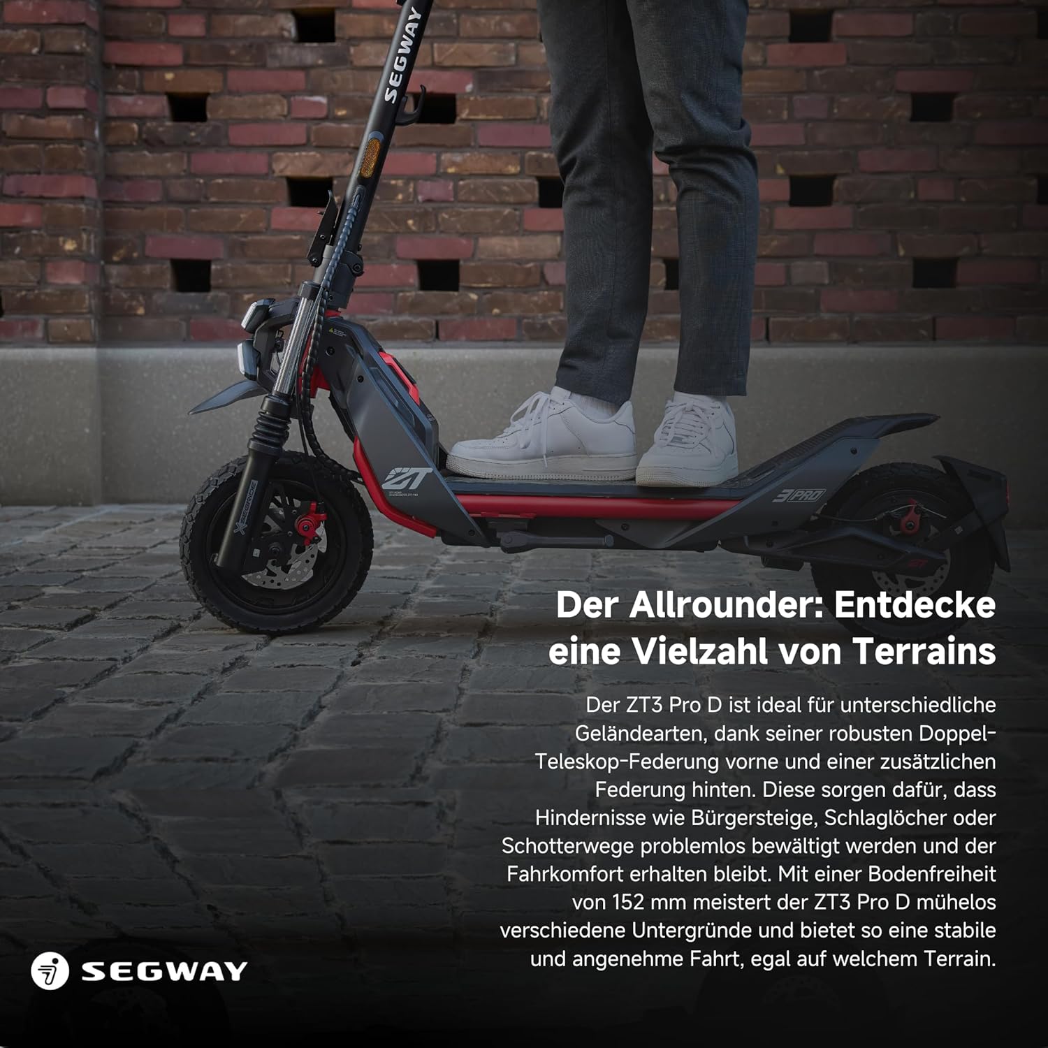 Segway ZT3 Pro D, E-Scooter mit Deutscher Straßenzulassung, 70 km Eco Modus Reichweite, 56km im Sport Modus, Vollfederung, 120 kg Tragkraft, 25% Steigung, Offroad-Reifen, Apple Find My, wasserfest – Bild 5