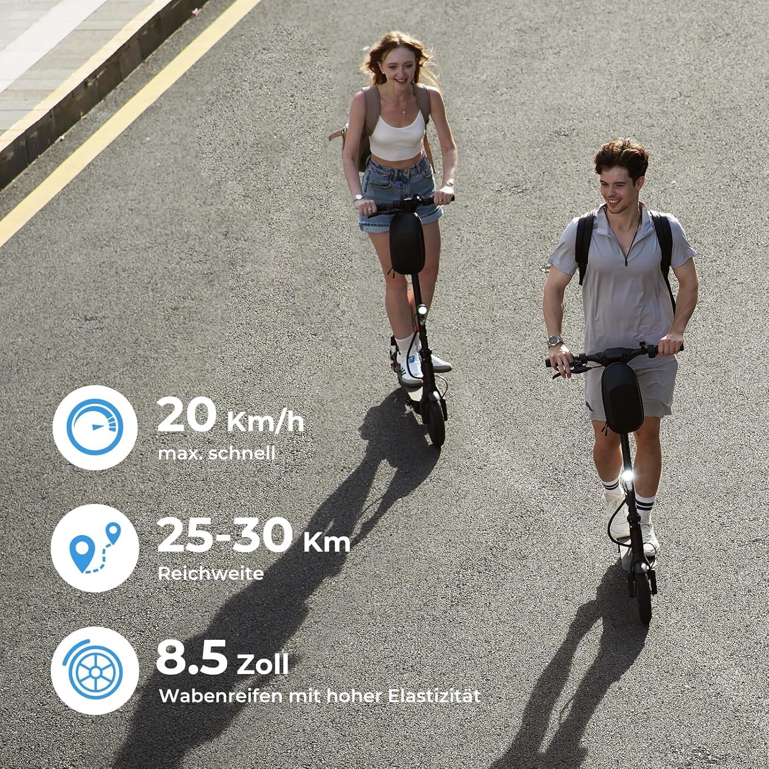 E Scooter mit Straßenzulassung, ABE Elektroroller Belastung bis 120kg, 30 km Reichweite, LED, 20km/h, 350W Motor, 8,5 Zoll Wabenreifen,Duales Bremssystem E Roller für Erwachsene – Bild 3