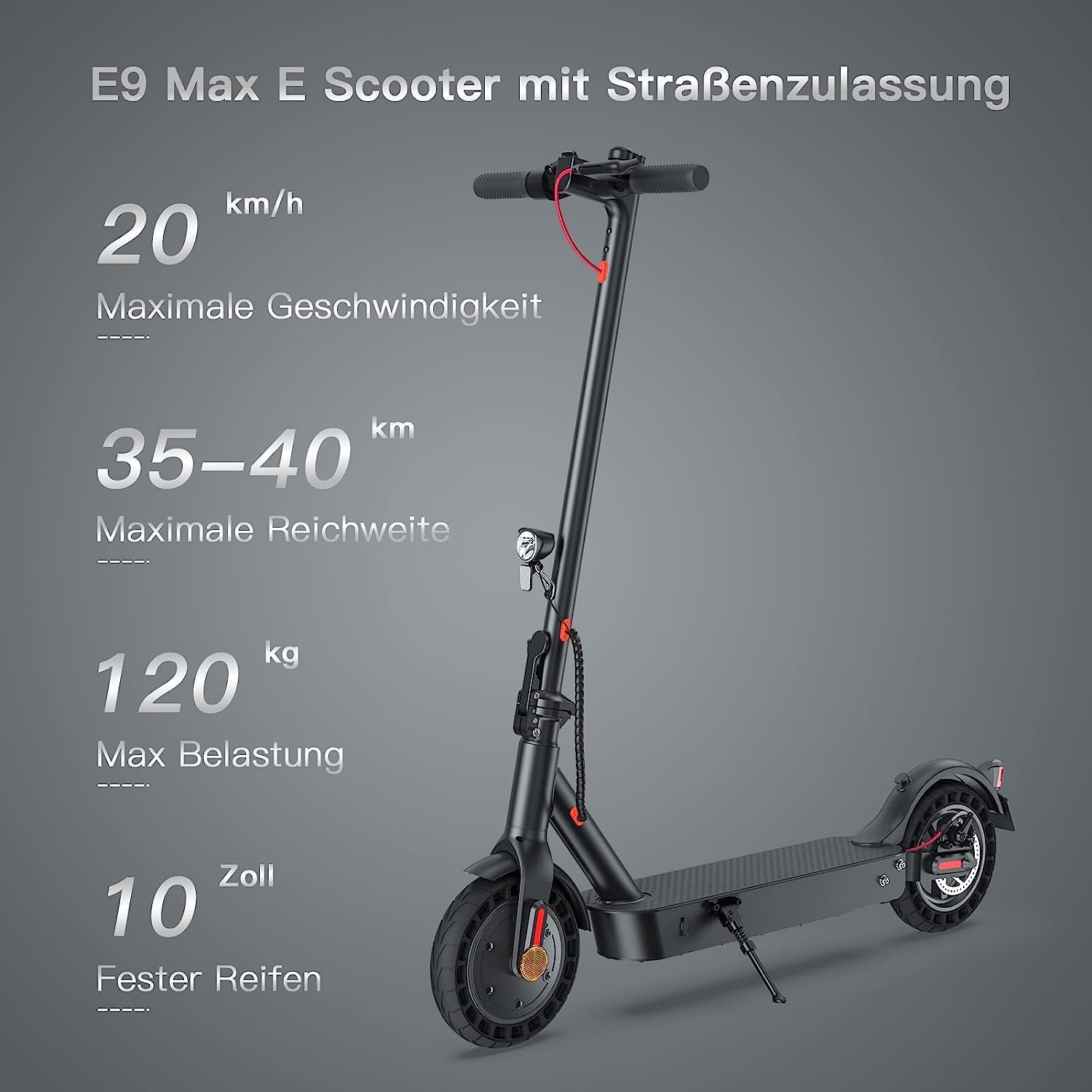 E Scooter mit Straßenzulassung, 10 Zoll, Max 40km Reichweite 20km/h, Komfortable Stoßdämpfung, Elektro Scooter bis 120kg, APP-Verbindung, LED-Display, Duales Bremssystem Elektroroller für Erwachsene – Bild 3