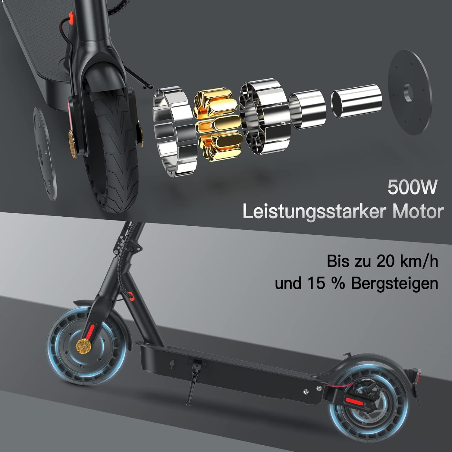 E Scooter mit Straßenzulassung, 10 Zoll, Max 40km Reichweite 20km/h, Komfortable Stoßdämpfung, Elektro Scooter bis 120kg, APP-Verbindung, LED-Display, Duales Bremssystem Elektroroller für Erwachsene – Bild 5