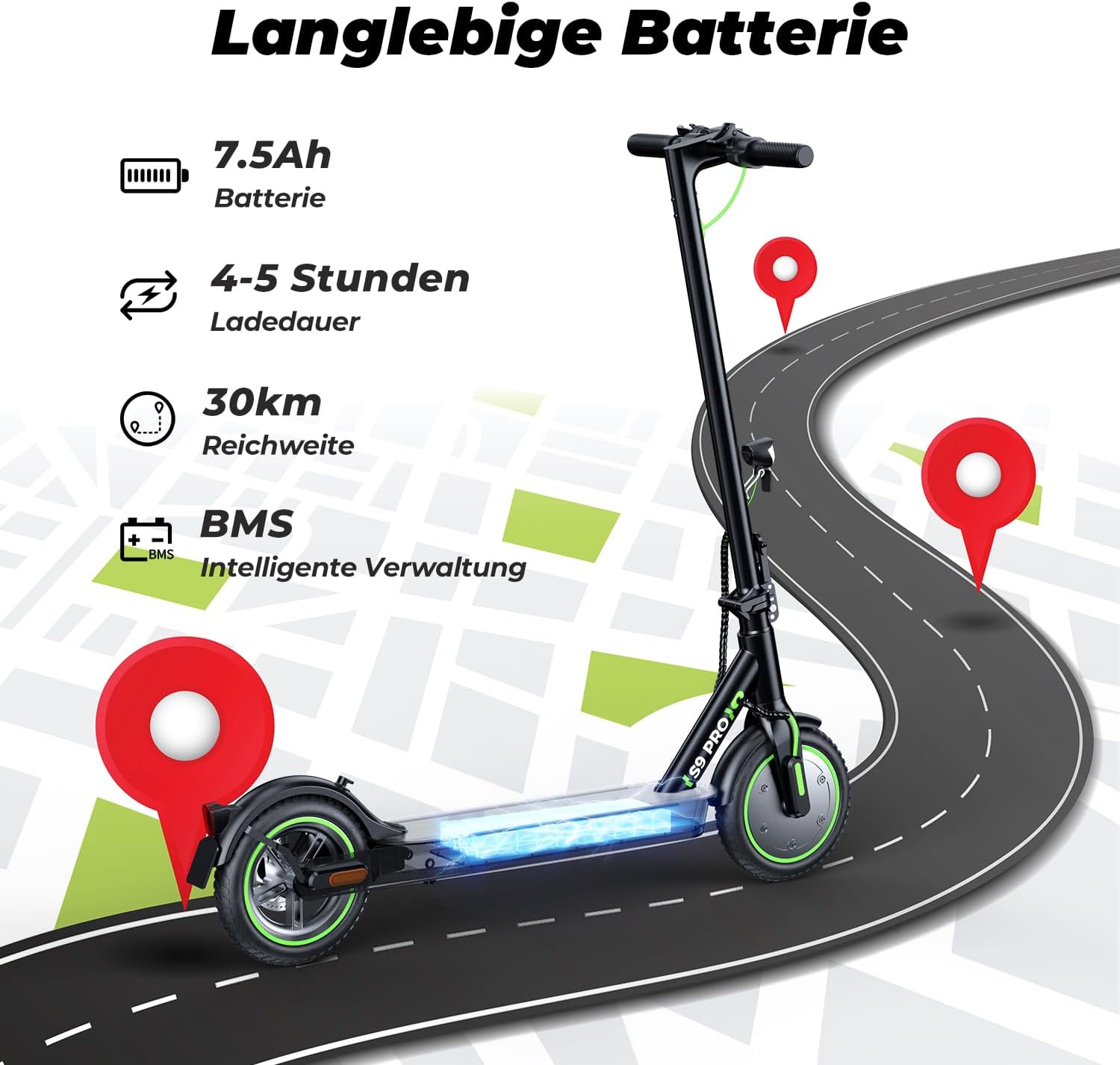 E Scooter mit Straßenzulassung, 350W Motor E Roller mit App, 30KM Reichweite, Elektroroller 120kg Tragkraft, Faltbarer Elektroscooter Erwachsene für den Pendlerverkehr, Mit Electric Scooter-Tasche – Bild 3