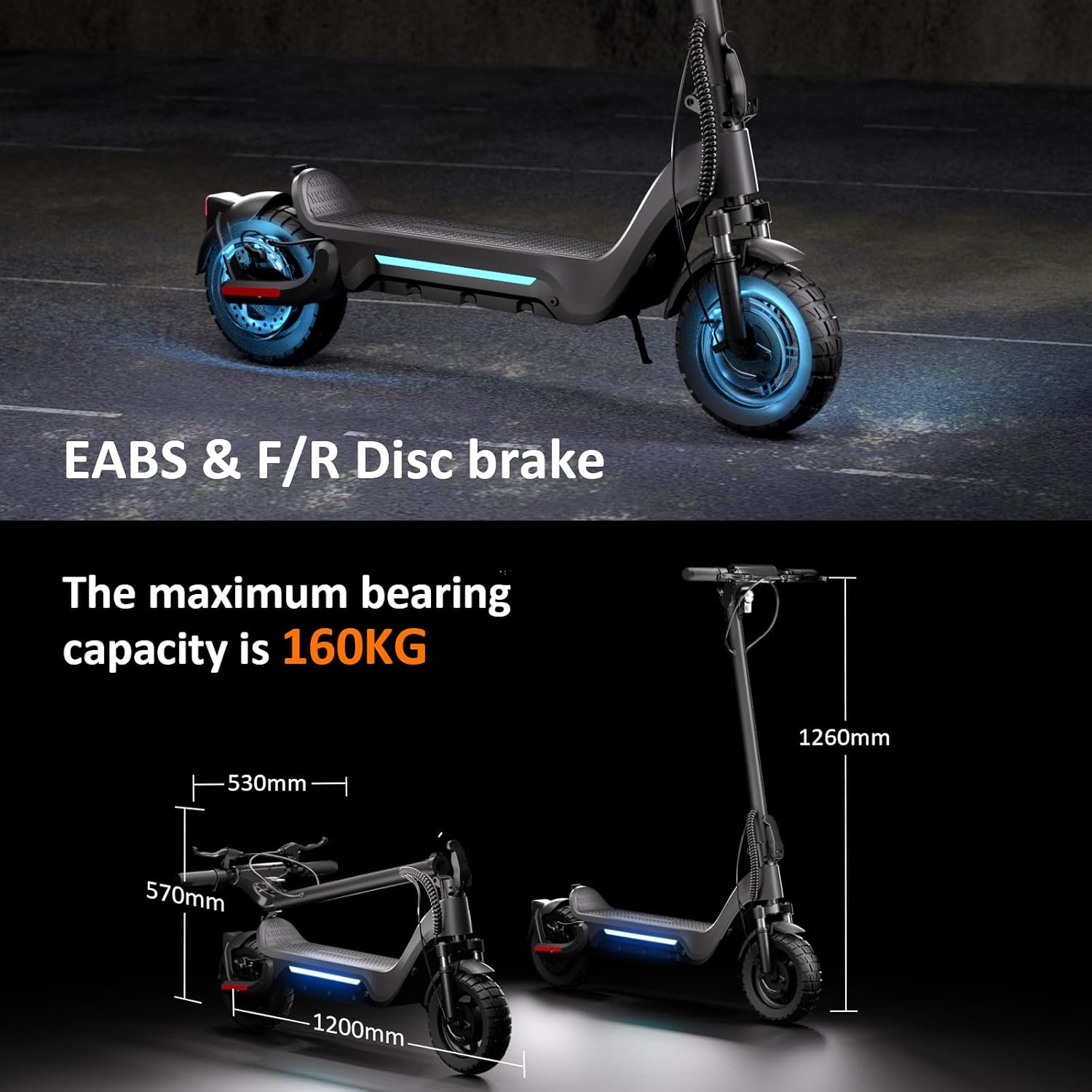 Elektroroller für Erwachsene mit Offroad-Faltung,doppelte Stoßdämpfer, EABS und Scheibenbremse vorne/hinten, Tragfähigkeit von 150 kg – Bild 4