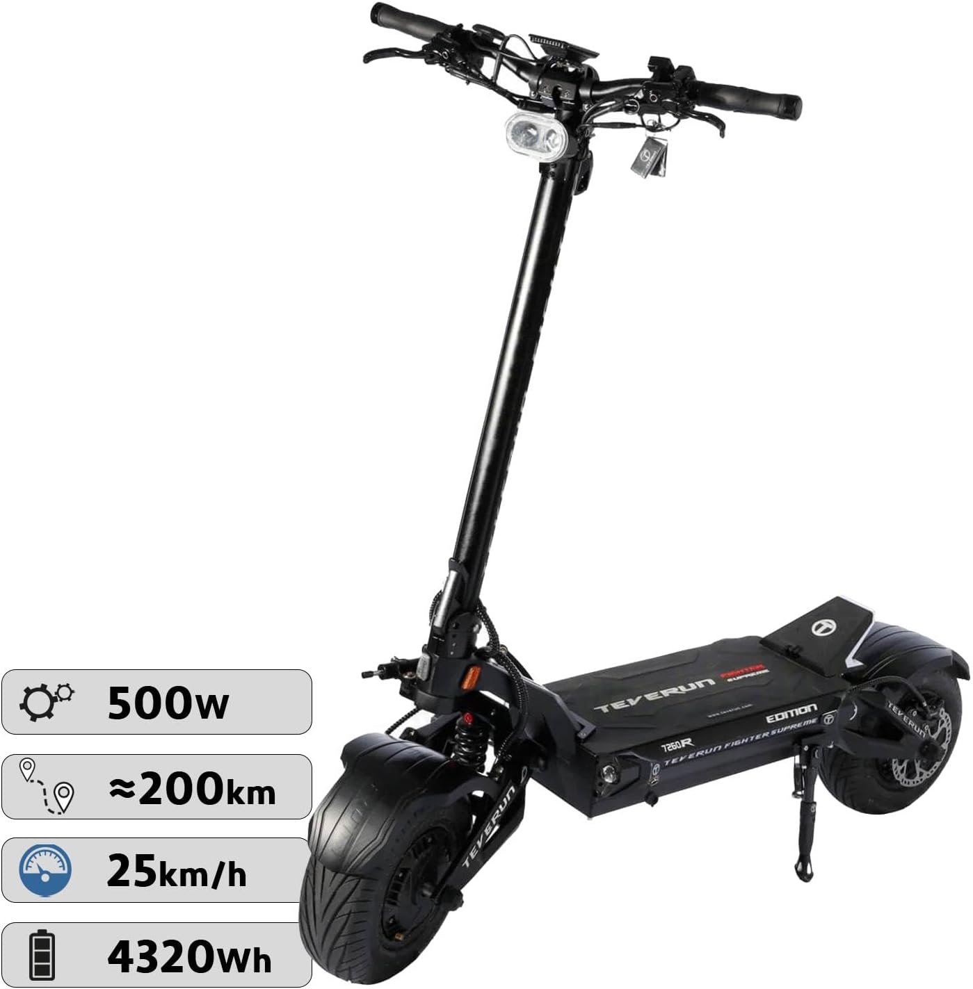 TEVERUN Elektroroller Erwachsene Fighter Suprem 7260R V3, 500W Motoren, Reichweite bis zu 200km, 20kmh, 13“ Tubeless Reifen, 3,5 Zoll TFT Display, Schwarz – Bild 5