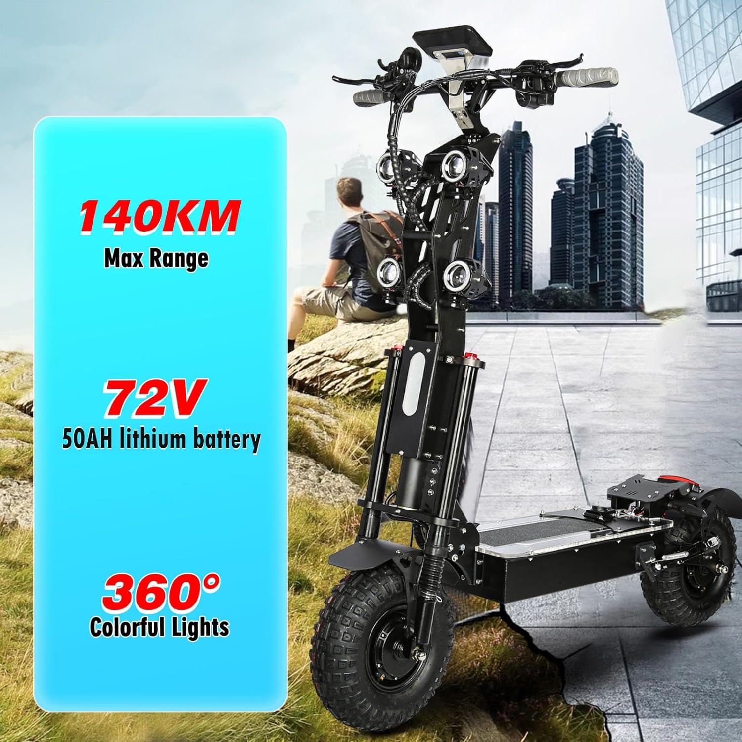 P4 E Scooter E-Roller Elektroroller Schneller Erwachsene 13 Zoll 3-Gang-Getriebe Doppelmotor NFC-Start 72V/50Ah Lithium-Akku Max Reichweite 140KM – Bild 5