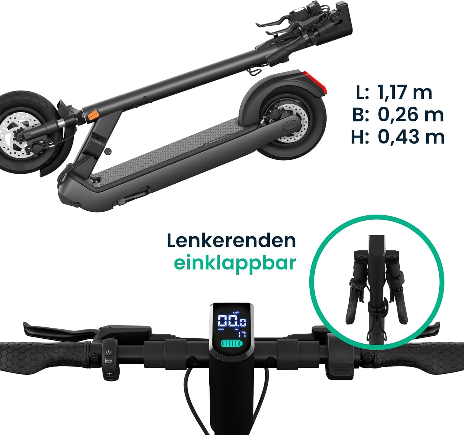 Egret Pro FX E-Scooter mit Straßenzulassung (max. 20 km/h), Reichweite bis 80km, Frontfederung, App Steuerung, Lenker höhenverstellbar+einfaltbar, Zuladung max. 120kg – Bild 3