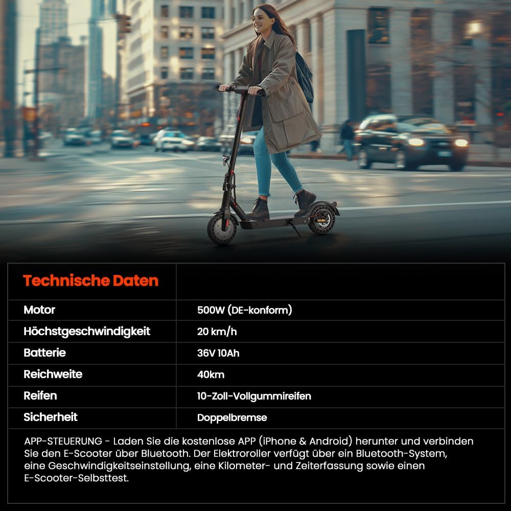 E Scooter mit Straßenzulassung Max 40 km Reichweite,10 Zoll Elektroroller mit Wabenreifen Duales Bremssystem und Doppelfederung 20km/h,Elektro Scooter bis 120kg für Herren Damen – Bild 3