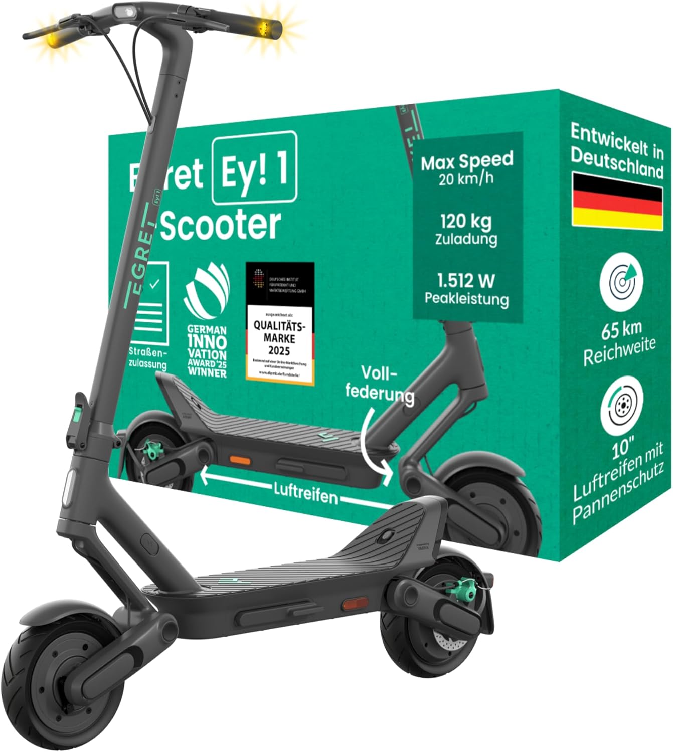 Egret Ey! Serie E-Scooter mit Straßenzulassung | Bis zu 65Km Reichweite und 1520 Watt Peak, 20km/h, Luftreifen, Dual Bremsen, App (Wählbar Ey! 1, Ey! 2, Ey! 3, Ey! 6, Ey! 7) – Bild 2