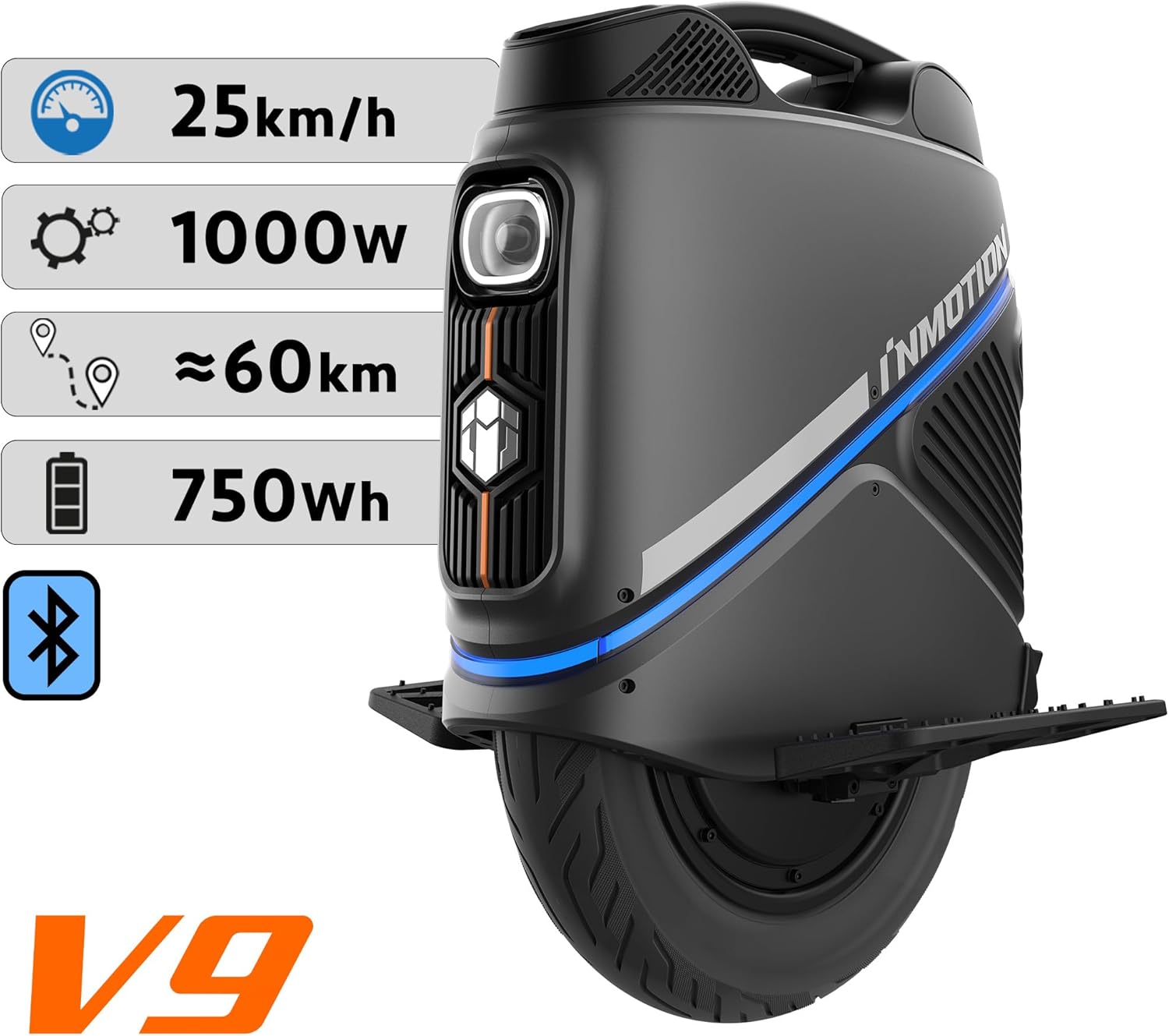 INMOTION V9 Elektrischer selbstbalancierender Roller, Erwachsene, Schwarz, Einheitsgröße EU, Federung, 500-W-Motor, Reichweite bis zu 25 km/h, 16-Zoll-Luftreifen, schlank und leistungsstark – Bild 5
