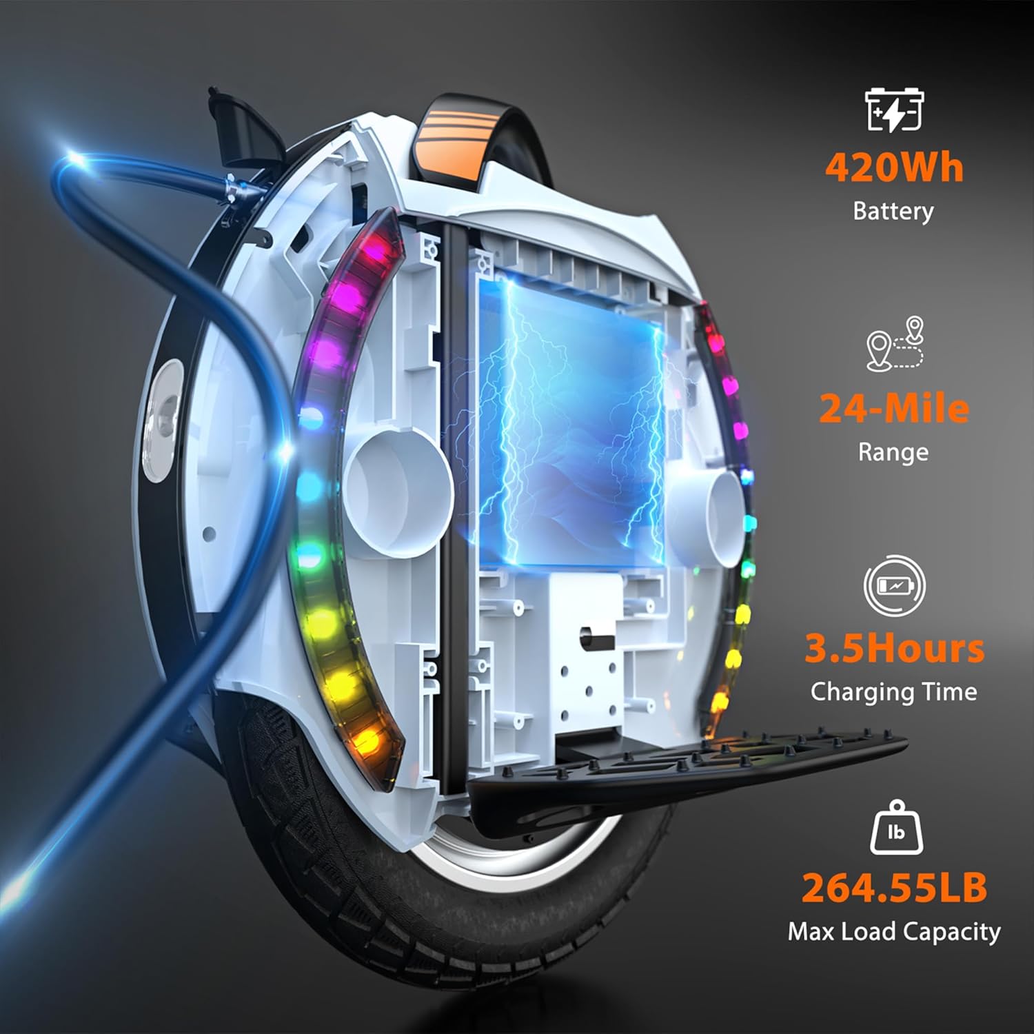 Kingsong Elektro-Laufrad KS-14D, Erwachsene,Weiß, 800W Motor, Reichweite bis zu 40km, 20km/h begrenzt, 14" Luftreifen, Lautsprecher und Bluetooth – Bild 4