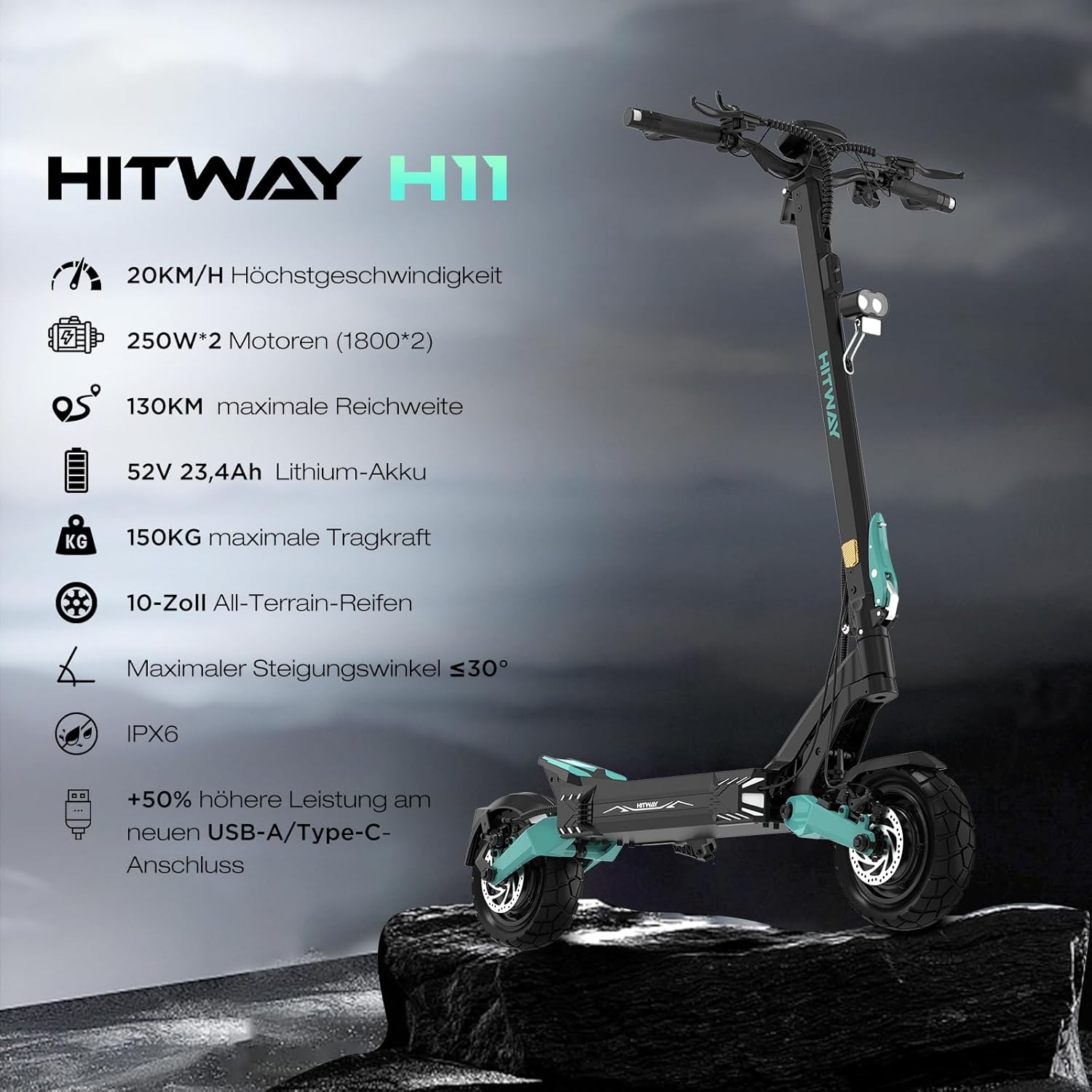 HITWAY H11 E Scooter mit Straßenzulassung,250W*2 Motor Spitze 1800 * 2,130 KM, 52V 23.4Ah,10 Zoll Offroad-Gummireifen,150KG Max,Doppelter Stoßdämpfung,Faltbarer E Scooter für Erwachsene - mit APP – Bild 3