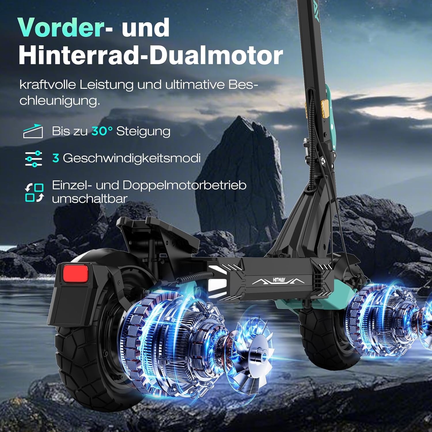 HITWAY H11 E Scooter mit Straßenzulassung,250W*2 Motor Spitze 1800 * 2,130 KM, 52V 23.4Ah,10 Zoll Offroad-Gummireifen,150KG Max,Doppelter Stoßdämpfung,Faltbarer E Scooter für Erwachsene - mit APP – Bild 4