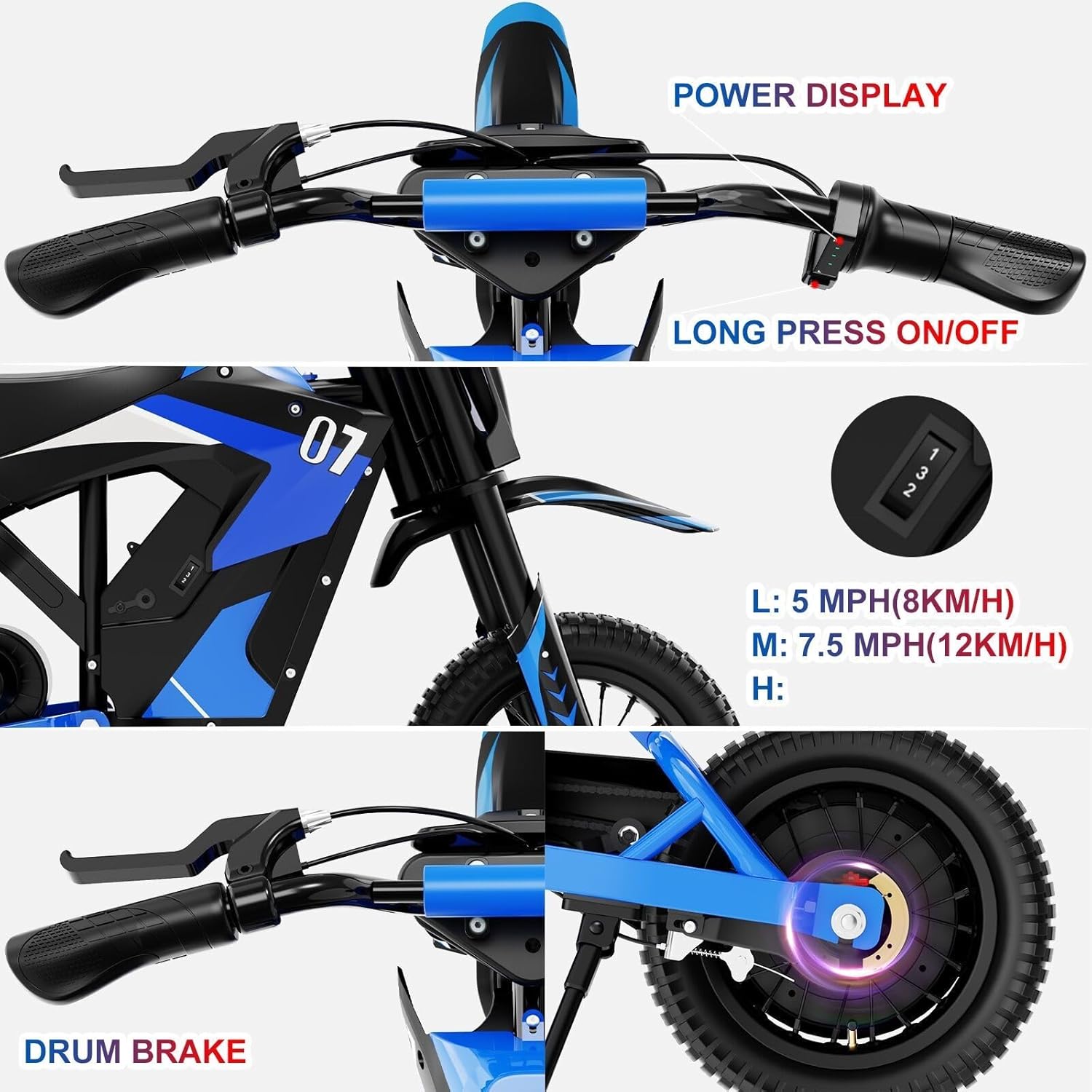 EVERCROSS EV12M Elektro Motorrad Kinder, Elektromotorrad mit 300W Motor, 3 Geschwindigkeitsmodus, 15KM Lange Reichweite, 12 Zoll Luftreifen, Moto Cross für Kinder ab 110cm Körpergröße – Bild 4
