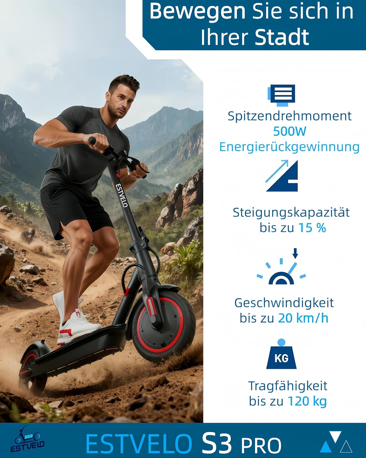 E-Scooter mit Luftreifen, S3 PRO Elektroroller 20km/h - 15% Steigung, 30km Reichweite, 120kg Belastung, Duales Bremssystem, Display, App, E Roller für Erwachsene – Bild 3