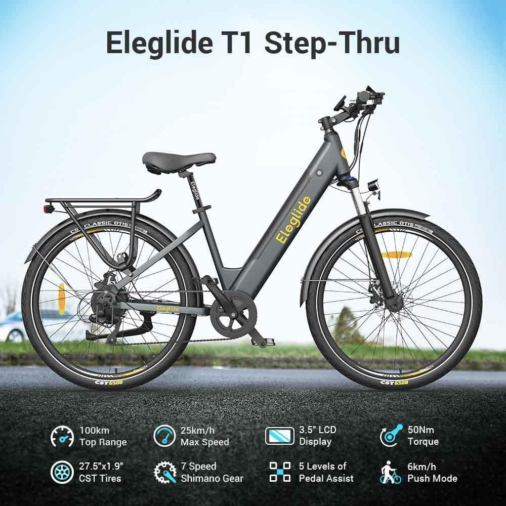 Eleglide E-Bike, T1 Step-Thru Elektrofahrrad 27.5'' Trekkingrad E-Citybike mit 36V 13Ah Lithium-Akku bis zu 100KM Lange Range, 250W Motor, Shimano 7 Gänge ebike, Doppelscheibenbremsen, LCD Display – Bild 3