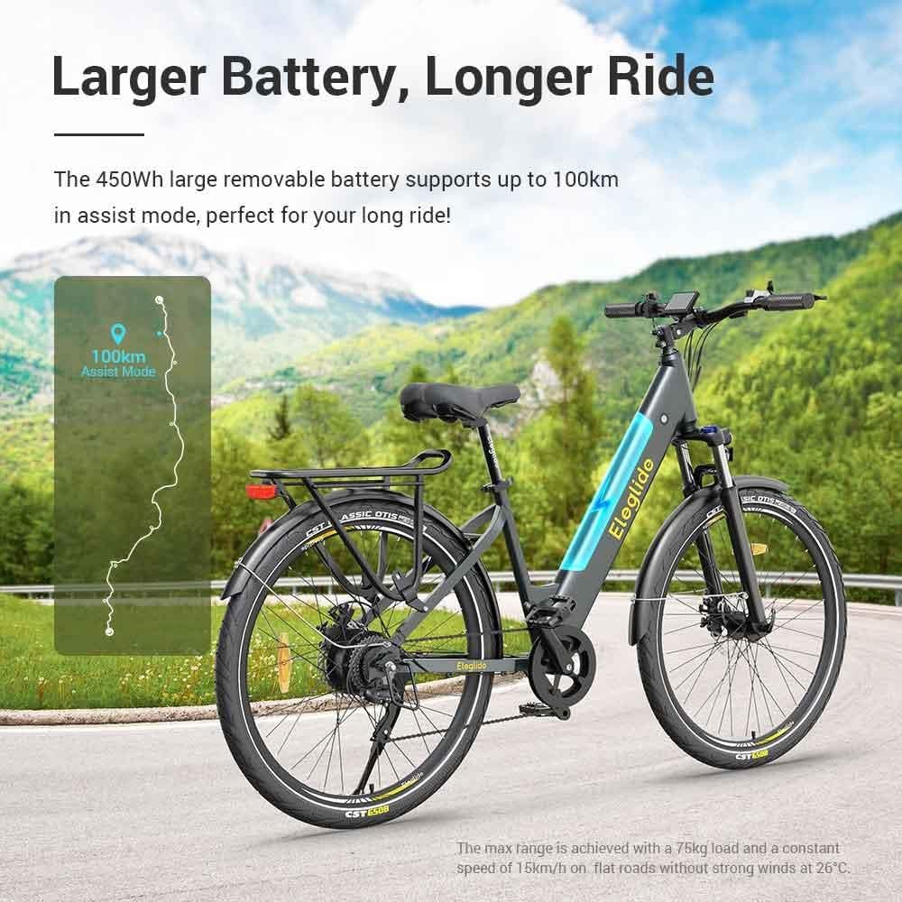 Eleglide E-Bike, T1 Step-Thru Elektrofahrrad 27.5'' Trekkingrad E-Citybike mit 36V 13Ah Lithium-Akku bis zu 100KM Lange Range, 250W Motor, Shimano 7 Gänge ebike, Doppelscheibenbremsen, LCD Display – Bild 4