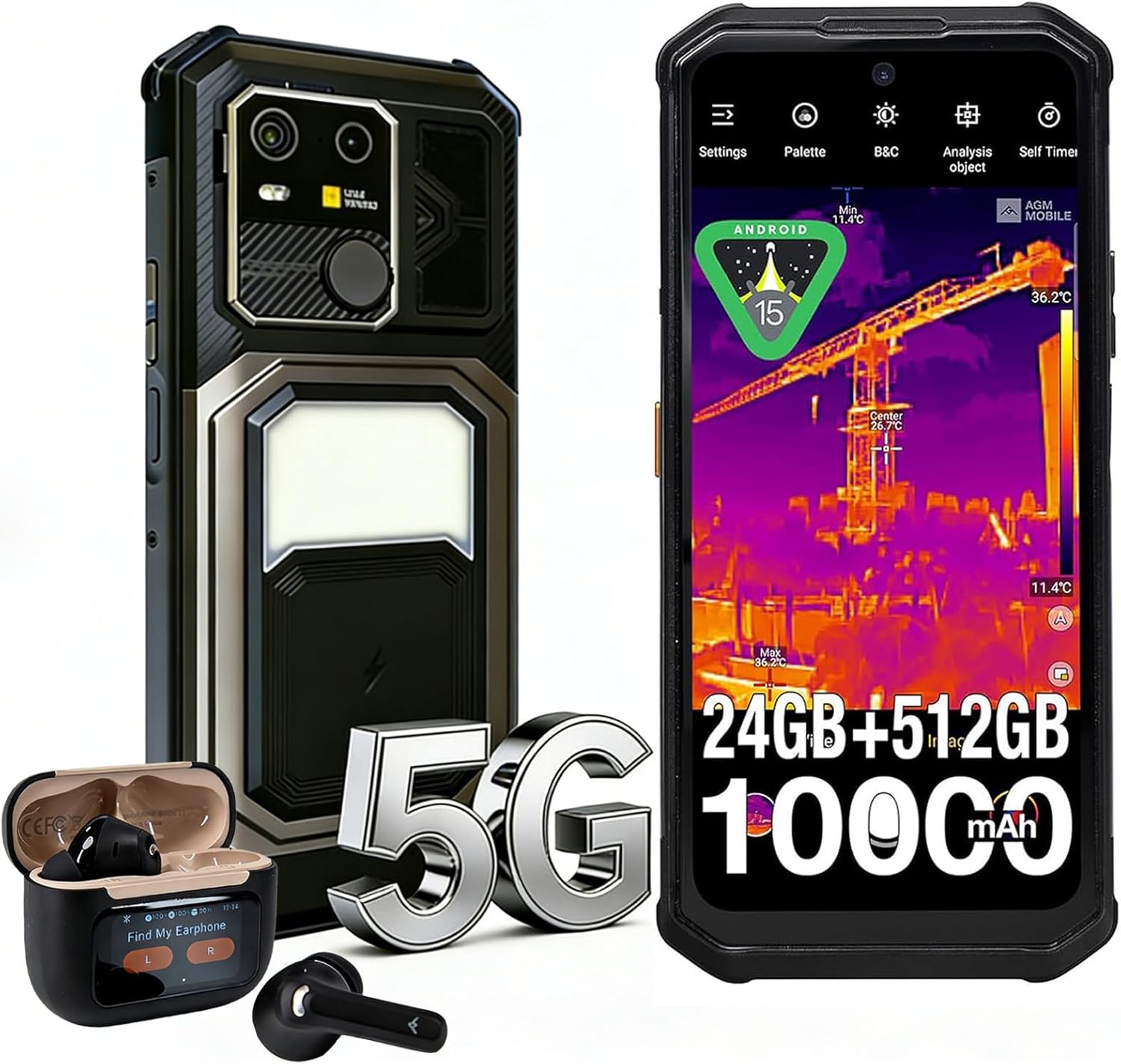 AGM G3 Pro Smartphone Ohne Vertrag Android 15,Integriert Thermische Bildgebung,12+12GB RAM+512GB ROM,64MP+50MP+2MP,10000mAh/6.72 Zoll FHD+120Hz,Dual SIM IP68/NFC/OTG/GPS/Face ID (G3 PRO+Buds 9) – Bild 2